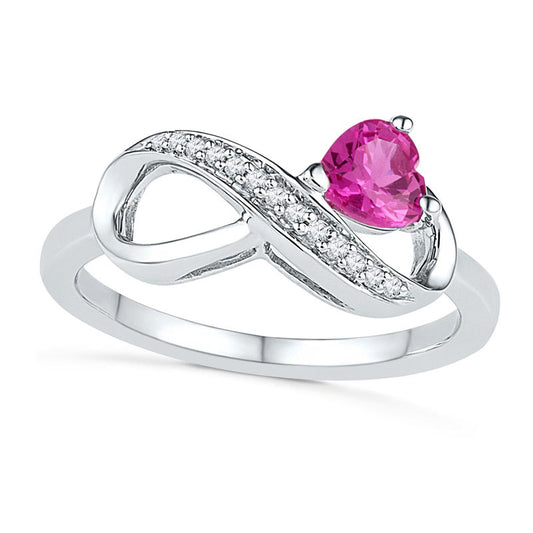 5.0mm Heart-Shaped Lab-Created Pink Sapphire and Diamond Accent Infinity Ring in Sterling Silver