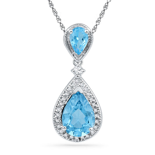 Pear-Shaped Blue Topaz, Lab-Created White Sapphire and Diamond Accent Pendant in Sterling Silver