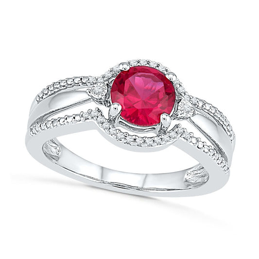 6.7mm Lab-Created Ruby and 0.10 CT. T.W. Diamond Split Shank Ring in Sterling Silver