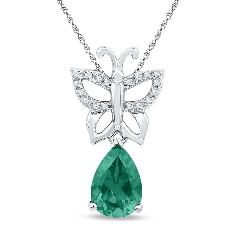 Pear-Shaped Lab-Created Emerald and 0.07 CT. T.W. Diamond Butterfly Drop Pendant in Sterling Silver