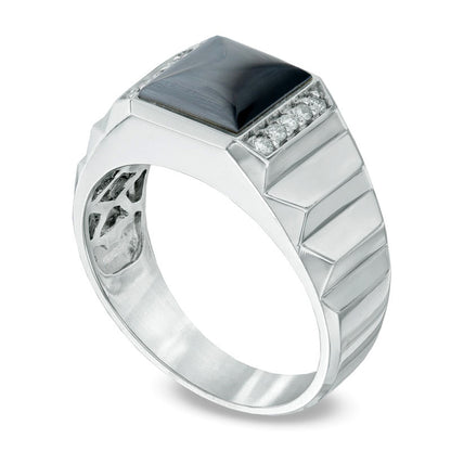 Men's 8.4mm Square Cat's Eye and 0.10 CT. T.W. Natural Diamond Ring in Solid 10K White Gold