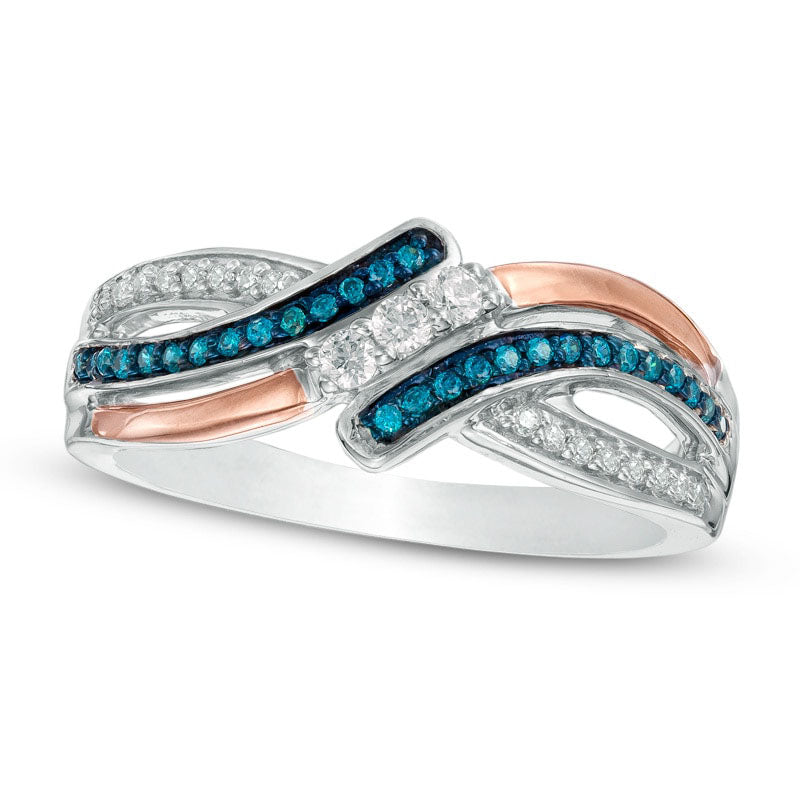 0.25 CT. T.W. Enhanced Blue and White Natural Diamond Three Stone Bypass Ring in Sterling Silver and Solid 10K Rose Gold