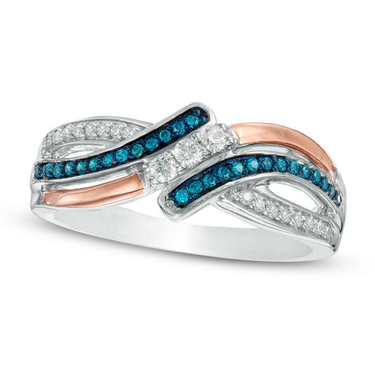 0.25 CT. T.W. Enhanced Blue and White Natural Diamond Three Stone Bypass Ring in Sterling Silver and Solid 10K Rose Gold