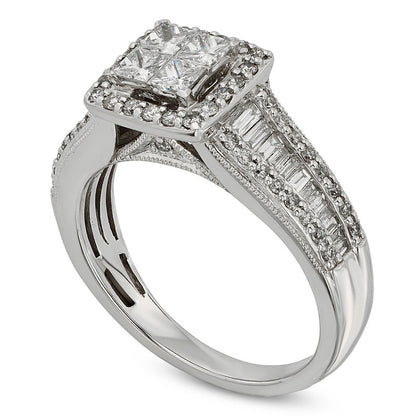 1.0 CT. T.W. Quad Princess-Cut Natural Diamond Frame Engagement Ring in Solid 10K White Gold