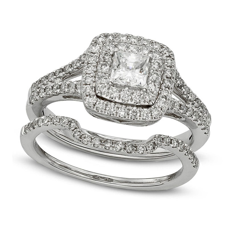 1.13 CT. T.W. Certified Princess-Cut Natural Diamond Frame Bridal Engagement Ring Set in Solid 14K White Gold (I/I2)