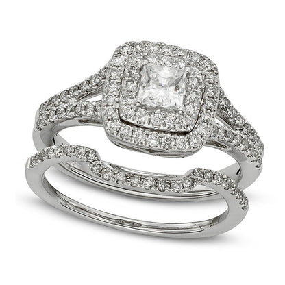 1.13 CT. T.W. Certified Princess-Cut Natural Diamond Frame Bridal Engagement Ring Set in Solid 14K White Gold (I/I2)