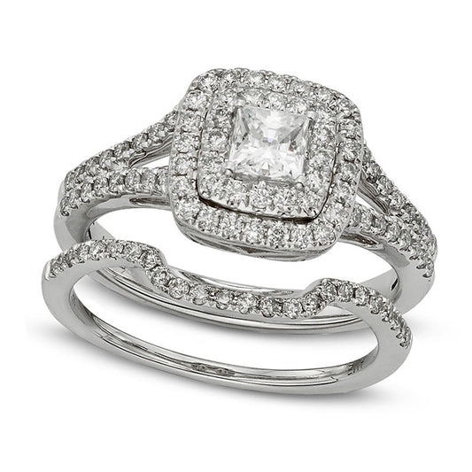 1.13 CT. T.W. Certified Princess-Cut Natural Diamond Frame Bridal Engagement Ring Set in Solid 14K White Gold (I/I2)