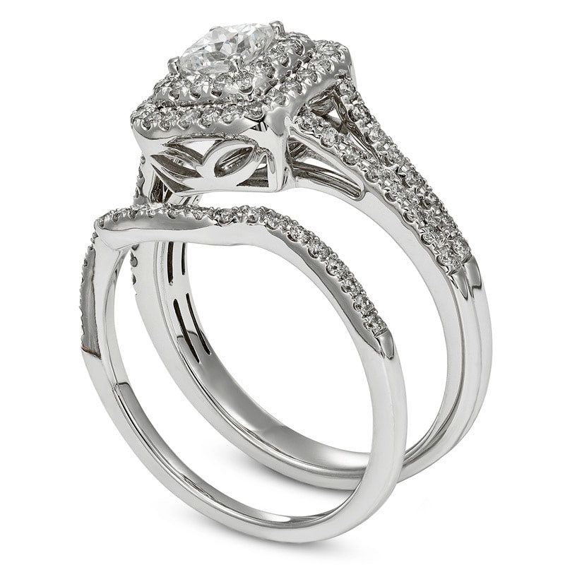 1.13 CT. T.W. Certified Princess-Cut Natural Diamond Frame Bridal Engagement Ring Set in Solid 14K White Gold (I/I2)