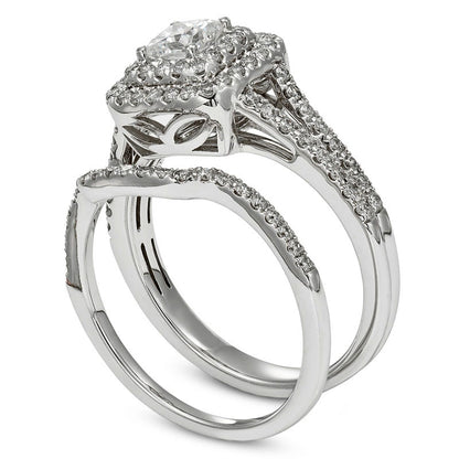 1.13 CT. T.W. Certified Princess-Cut Natural Diamond Frame Bridal Engagement Ring Set in Solid 14K White Gold (I/I2)