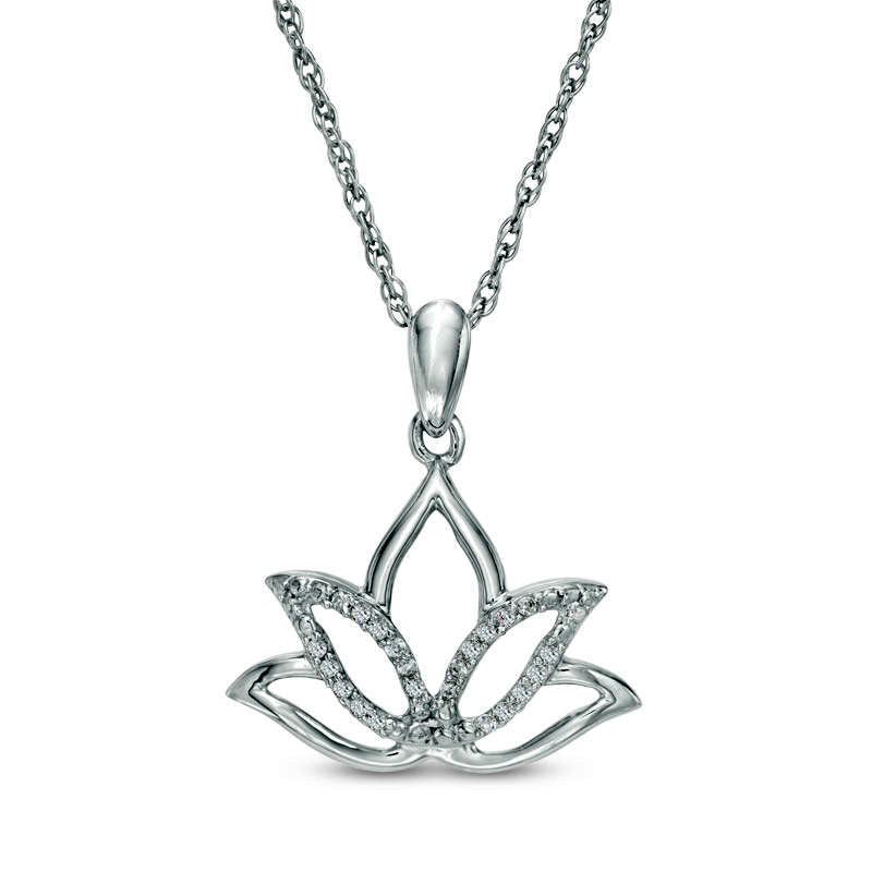 Natural Diamond Accent Outline Lotus Flower Pendant in Sterling Silver