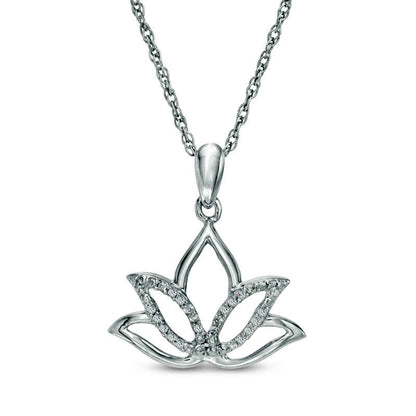 Natural Diamond Accent Outline Lotus Flower Pendant in Sterling Silver