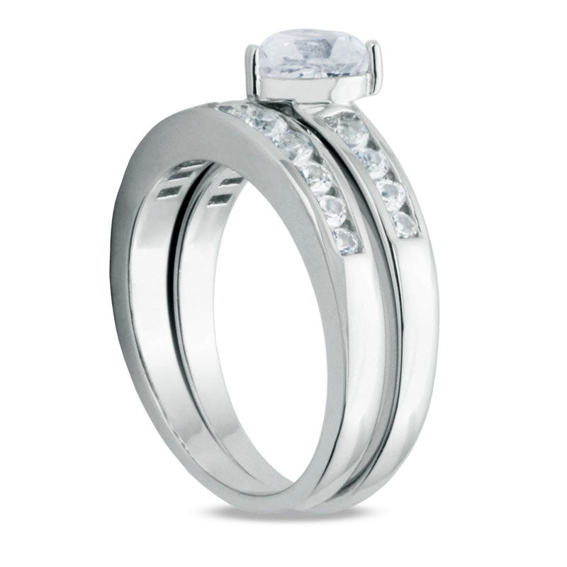 6.0mm Heart-Shaped Lab-Created White Sapphire Bridal Engagement Ring Set in Sterling Silver