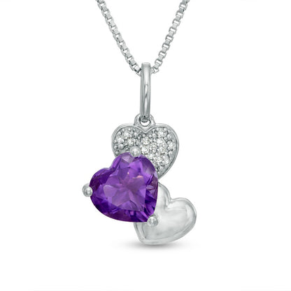 8.0mm Heart-Shaped Amethyst and Natural Diamond Accent Triple Heart Pendant in Sterling Silver
