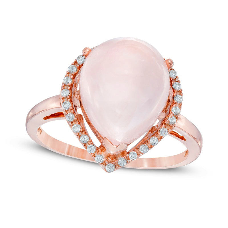 Pear-Shaped Rose Quartz and Lab-Created White Sapphire Frame Ring in Sterling Silver with Solid 14K Rose Gold Plate - Size 7