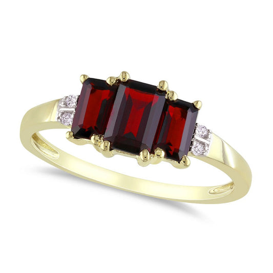 Emerald-Cut Garnet and Natural Diamond Accent Three Stone Ring in Solid 10K Yellow Gold
