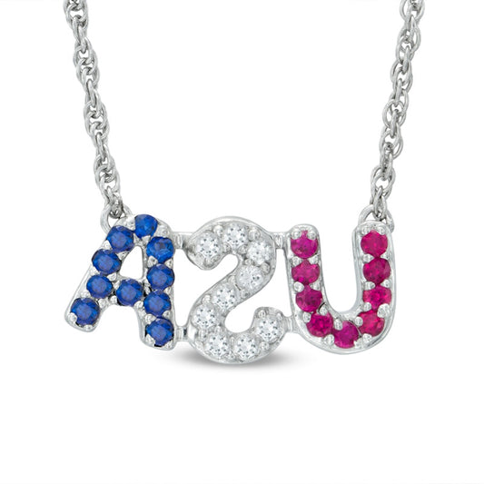 Lab-Created Ruby and White and Blue Sapphire "USA" Necklace in Sterling Silver - 17.5"
