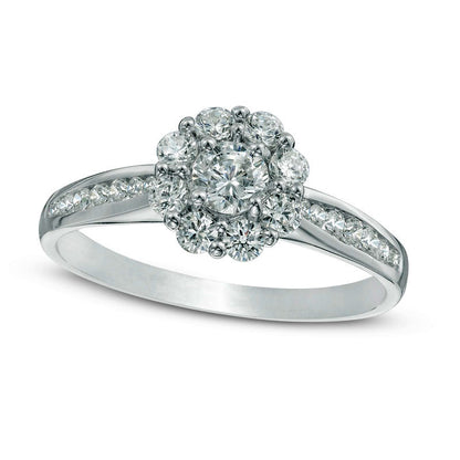 0.75 CT. T.W. Natural Diamond Flower Frame Engagement Ring in Solid 14K White Gold