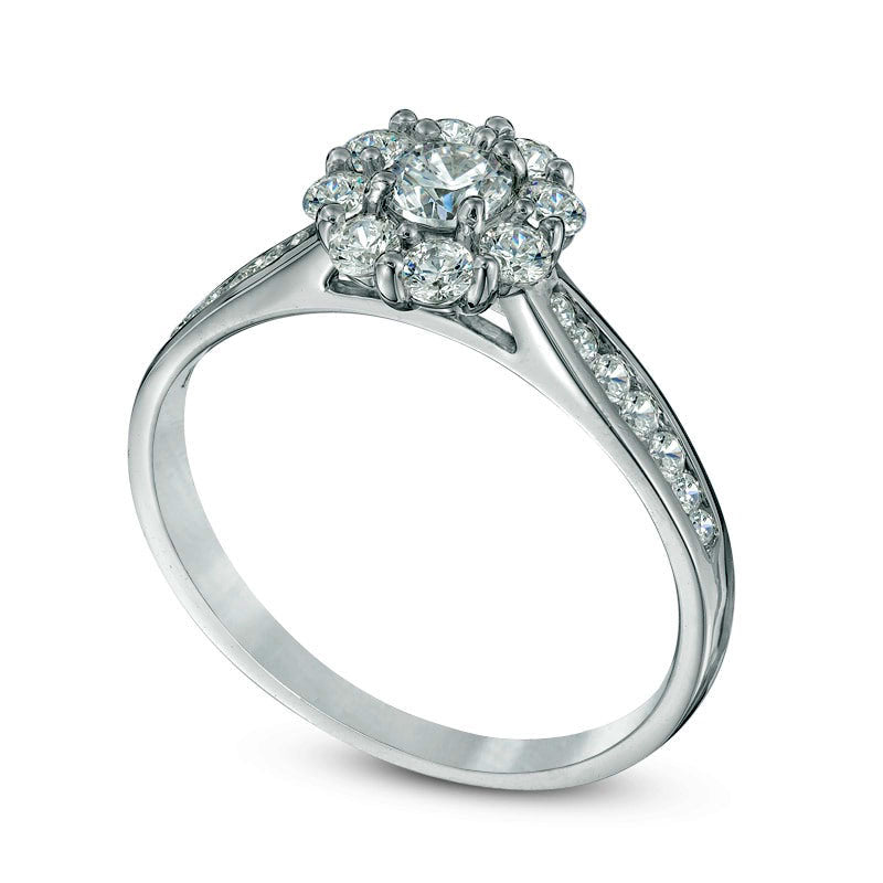 0.75 CT. T.W. Natural Diamond Flower Frame Engagement Ring in Solid 14K White Gold