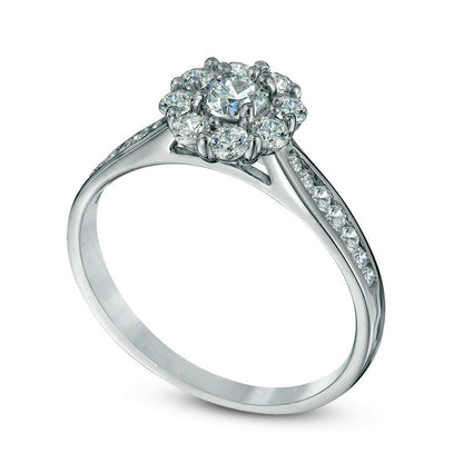 0.75 CT. T.W. Natural Diamond Flower Frame Engagement Ring in Solid 14K White Gold
