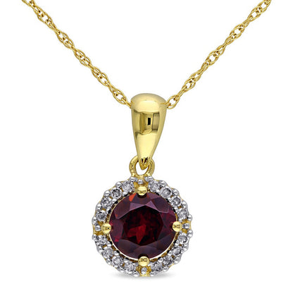 6.0mm Garnet and Natural Diamond Accent Frame Pendant in 10K Yellow Gold - 17"