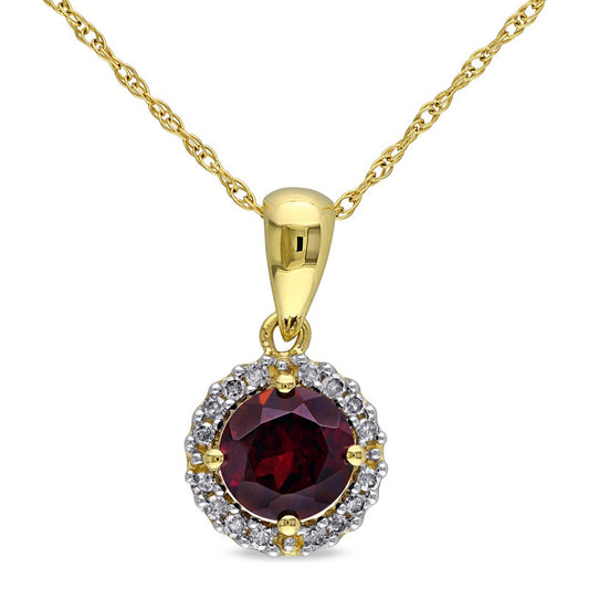 6.0mm Garnet and Natural Diamond Accent Frame Pendant in 10K Yellow Gold - 17"