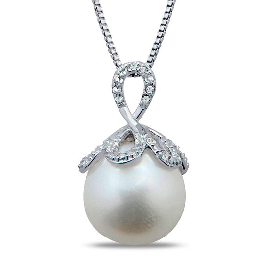 11.0 - 12.0mm Cultured Freshwater Pearl and White Topaz Pendant in Sterling Silver