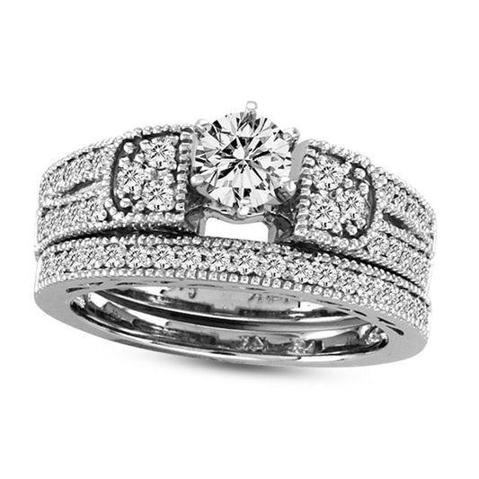 1.0 CT. T.W. Natural Diamond Antique Vintage-Style Bridal Engagement Ring Set in Solid 14K White Gold