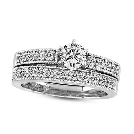 0.88 CT. T.W. Natural Diamond Antique Vintage-Style Bridal Engagement Ring Set in Solid 14K White Gold