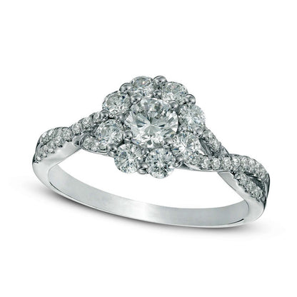 0.88 CT. T.W. Natural Diamond Flower Frame Twist Engagement Ring in Solid 14K White Gold