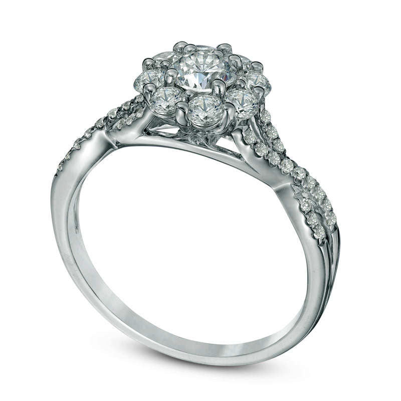0.88 CT. T.W. Natural Diamond Flower Frame Twist Engagement Ring in Solid 14K White Gold
