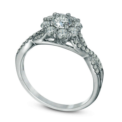 0.88 CT. T.W. Natural Diamond Flower Frame Twist Engagement Ring in Solid 14K White Gold