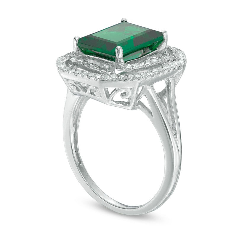 Emerald-Cut Lab-Created Emerald and 0.33 CT. T.W. Diamond Swirl Frame Ring in Sterling Silver - Size 7