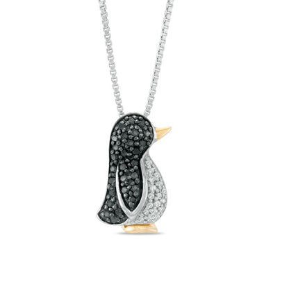 0.25 CT. T.W. Enhanced Black and White Natural Diamond Penguin Pendant in Sterling Silver and 14K Gold