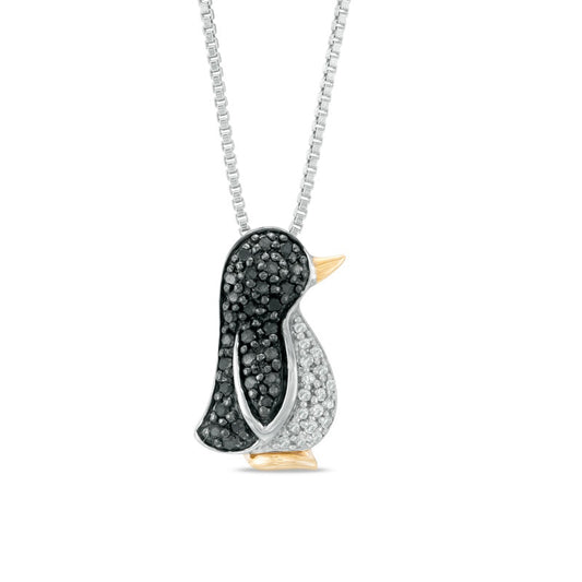 0.25 CT. T.W. Enhanced Black and White Natural Diamond Penguin Pendant in Sterling Silver and 14K Gold