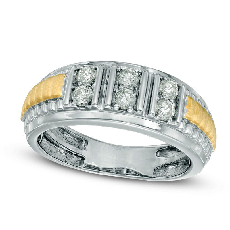 Men's 0.50 CT. T.W. Natural Diamond Vertical Double Row Three Stone Anniversary Band in Solid 10K Two-Tone Gold