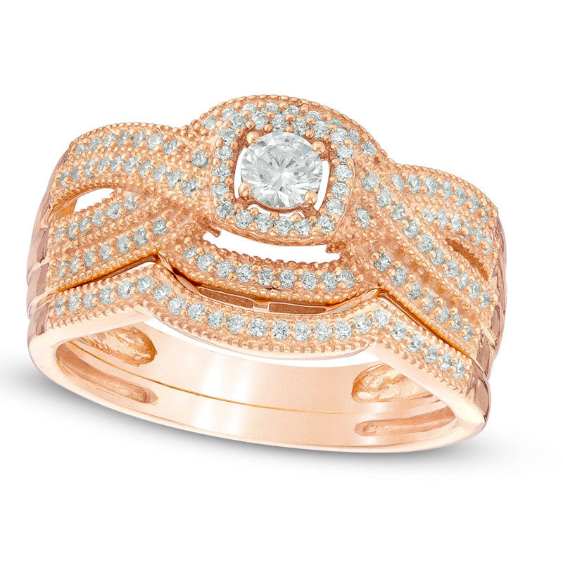 0.50 CT. T.W. Natural Diamond Square Frame Twisted Shank Bridal Engagement Ring Set in Solid 14K Rose Gold