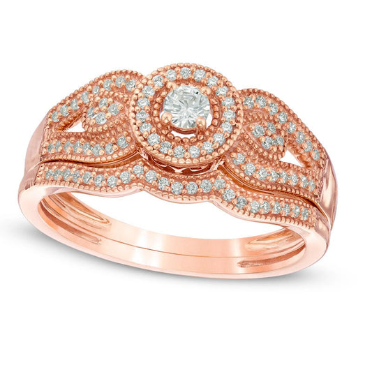 0.25 CT. T.W. Natural Diamond Frame Antique Vintage-Style Split Shank Bridal Engagement Ring Set in Solid 10K Rose Gold