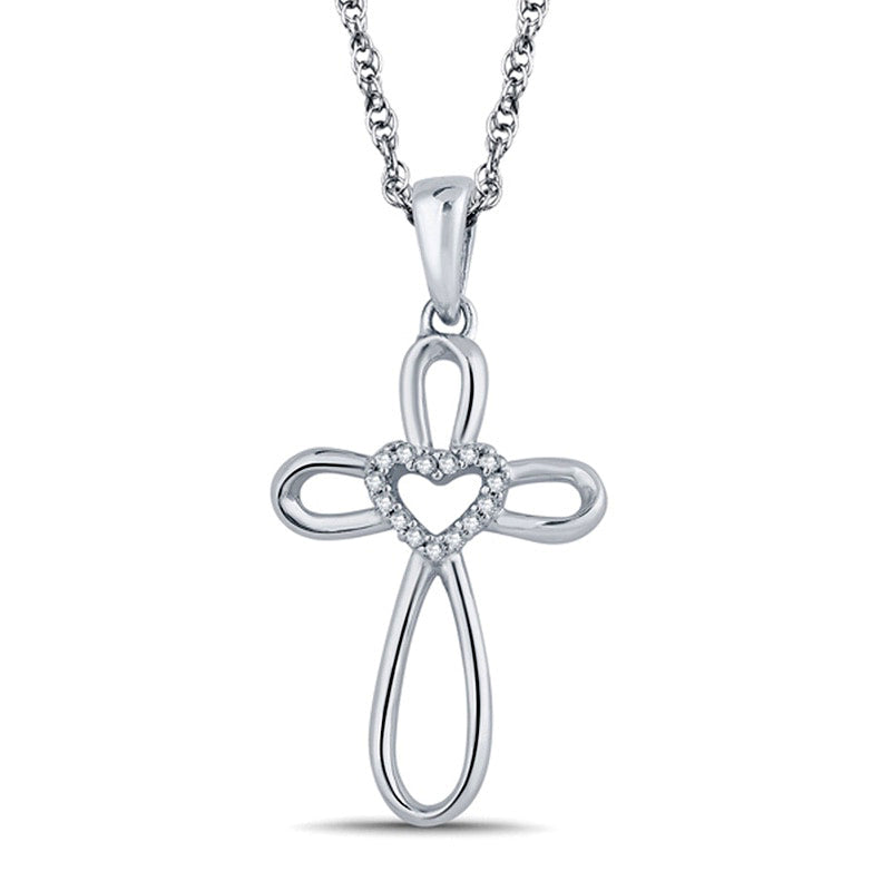 Natural Diamond Accent Open Cross with Heart Pendant in Sterling Silver