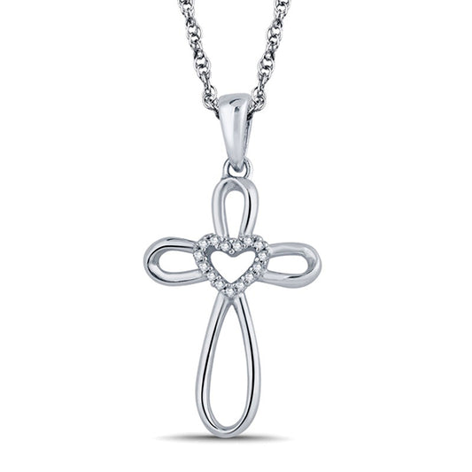 Natural Diamond Accent Open Cross with Heart Pendant in Sterling Silver
