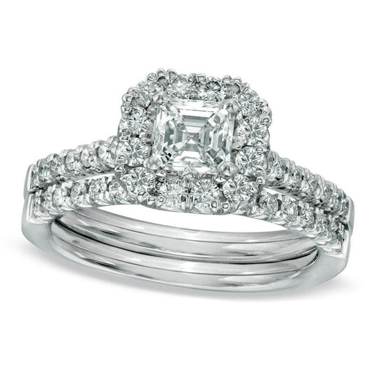 0.63 CT. T.W. Asscher-Cut Natural Diamond Frame Bridal Engagement Ring Set in Solid 14K White Gold