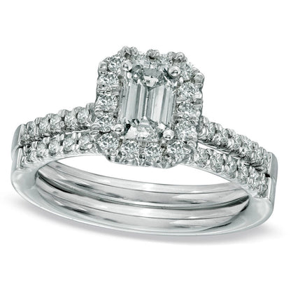 0.63 CT. T.W. Emerald-Cut Natural Diamond Frame Bridal Engagement Ring Set in Solid 14K White Gold