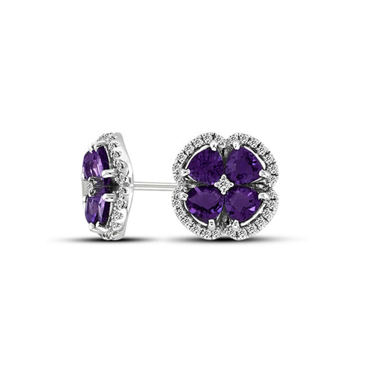 Trillion-Cut Amethyst and 0.25 CT. T.W. Diamond Clover Stud Earrings in 14K White Gold