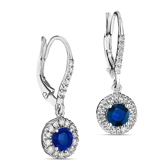 5.0mm Blue Sapphire and 0.5 CT. T.W. Diamond Frame Drop Earrings in 14K White Gold