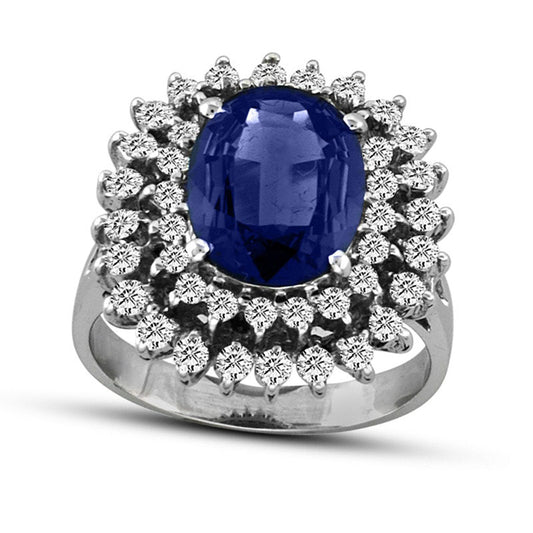 Oval Blue Sapphire and 0.75 CT. T.W. Natural Diamond Double Sunburst Frame Ring in Solid 14K White Gold