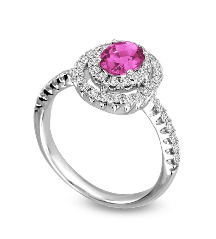Oval Pink Sapphire and 0.50 CT. T.W. Natural Diamond Double Frame Ring in Solid 14K White Gold