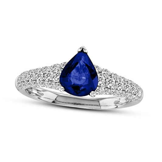 Pear-Shaped Blue Sapphire and 0.75 CT. T.W. Natural Diamond Ring in Solid 18K White Gold