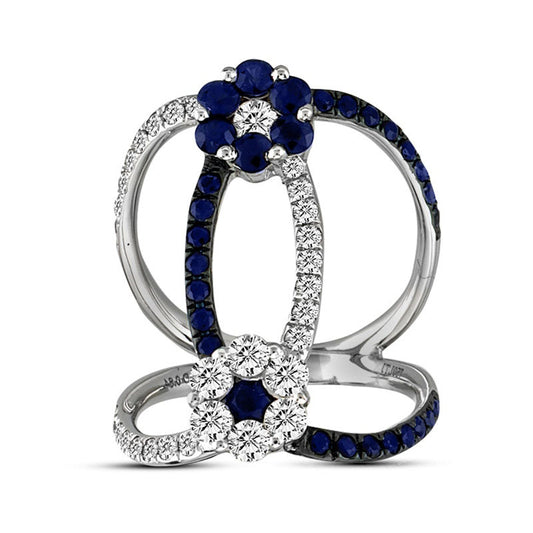 Blue Sapphire and 0.88 CT. T.W. Natural Diamond Flower Orbit Ring in Solid 14K White Gold