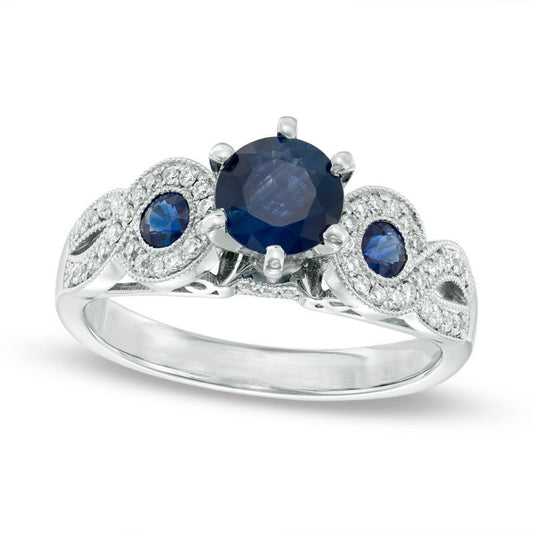 6.0mm Blue Sapphire and 0.20 CT. T.W. Natural Diamond Antique Vintage-Style Engagement Ring in Solid 14K White Gold