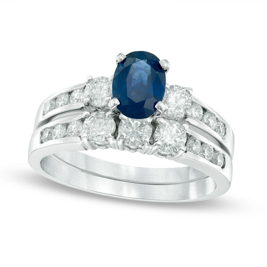 Oval Blue Sapphire and 0.88 CT. T.W. Natural Diamond Three Stone Bridal Engagement Ring Set in Solid 14K White Gold