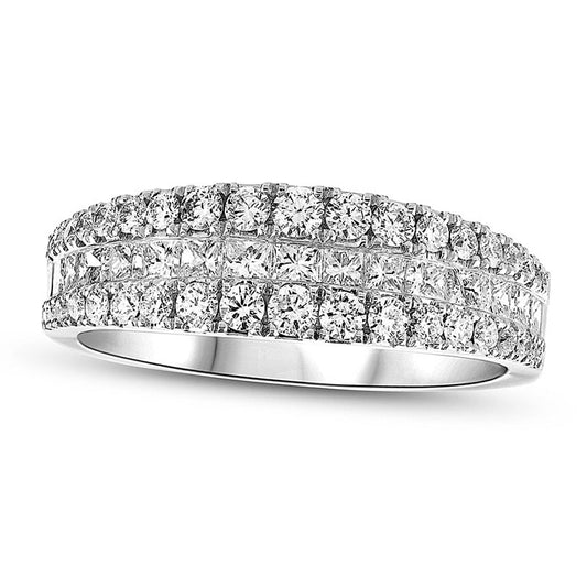 1.13 CT. T.W. Princess-Cut and Round Natural Diamond Three Row Anniversary Band in Solid 18K White Gold (I/SI2)